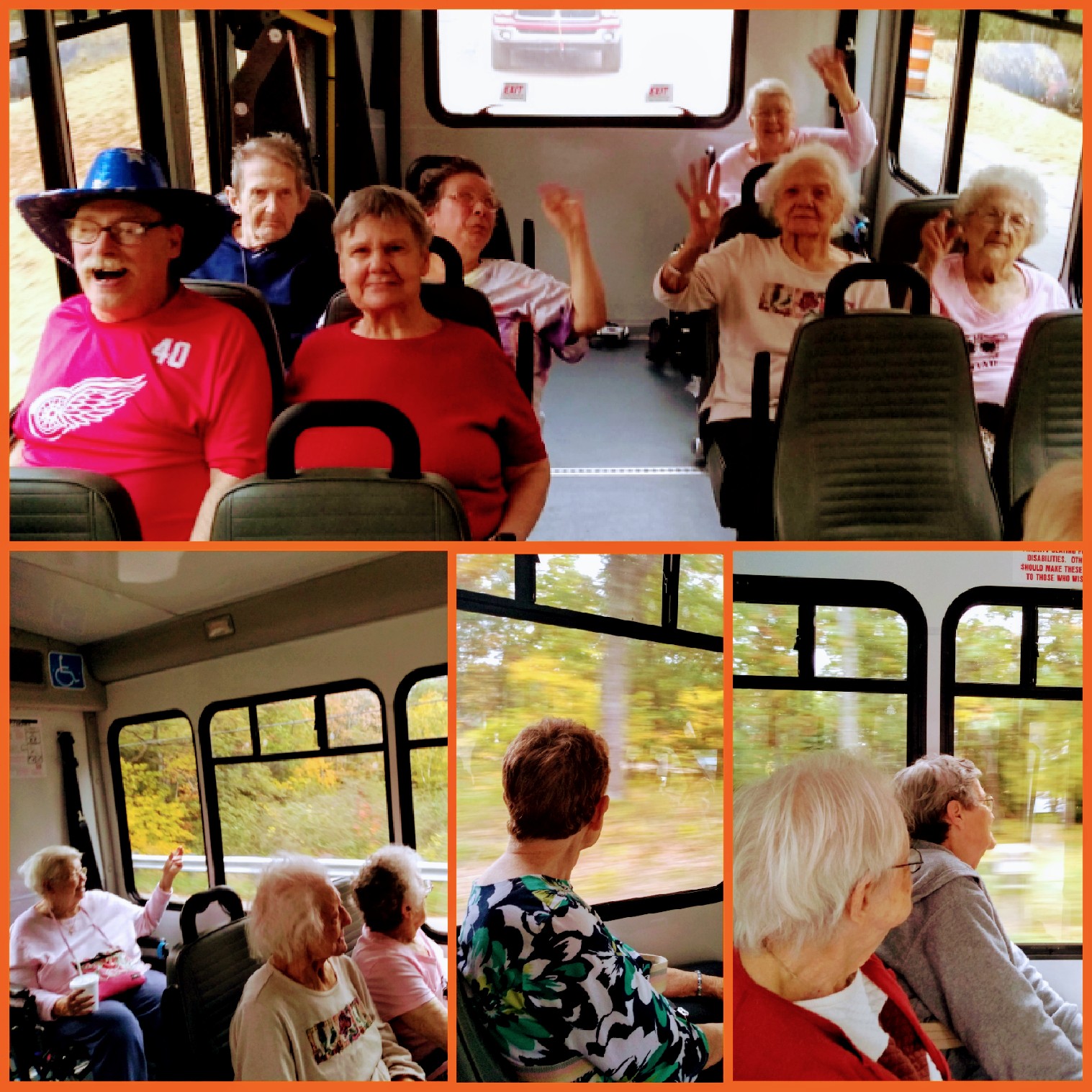 the residents on the bus enjoying the fall scenery